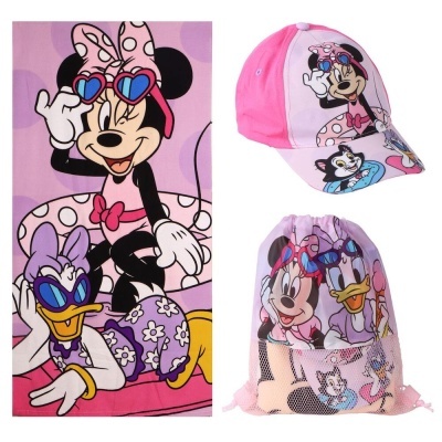 Conjunto de praia com toalha, boné e saco organizado estampados com Minnie e Margarida em tom rosa e lilás