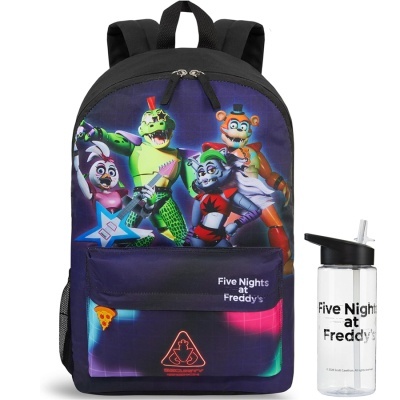 Mochila preta com personagens Five Nights at Freddys e garrafa de água transparente com texto