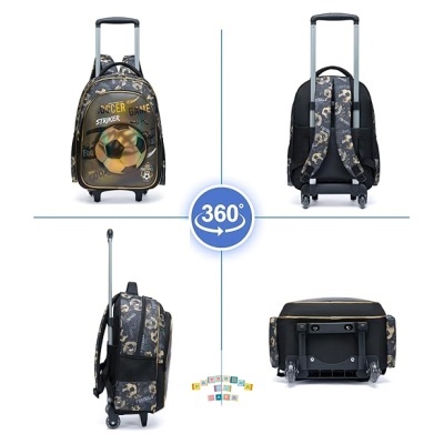 mochila de rodas infantil com tema de futebol, imagens e texto, vista de vários ângulos