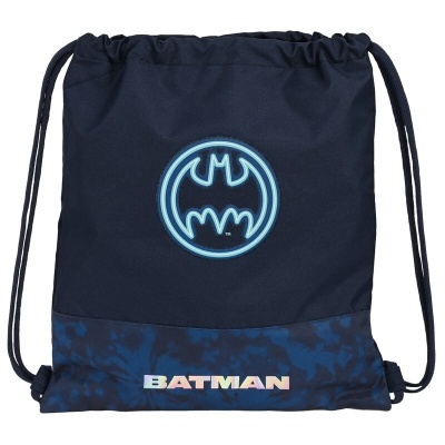 Mochila saco azul com símbolo do Batman e texto BATMAN