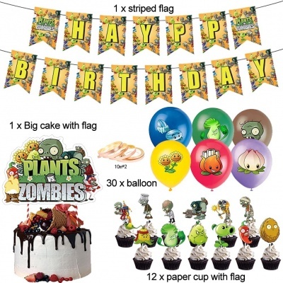 Conjunto de festa Plants vs Zombies com faixa, bandeira para bolo, balões coloridos, e copos com bandeiras em cima de cupcakes
