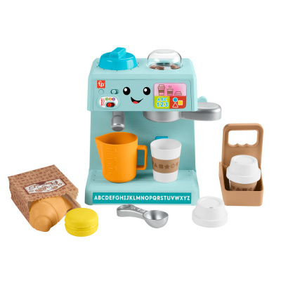 Brinquedo máquina de café azul claro com acessórios como copos, jarra, colher e caixa de croissants