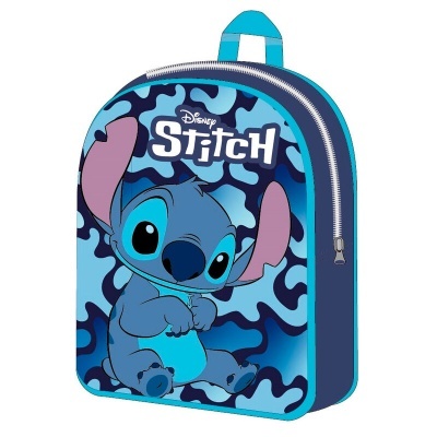 Mochila infantil azul com personagem Stitch da Disney e padrão camuflado