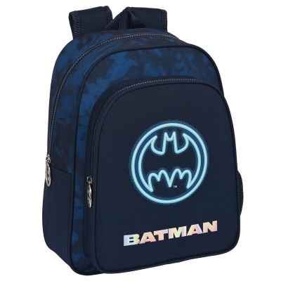 Mochila azul escura com símbolo do Batman e texto BATMAN em cores iridescentes