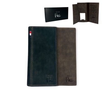 Carteiras em tecido azul escuro e castanho com gravação Melhor Pai e caixa preta