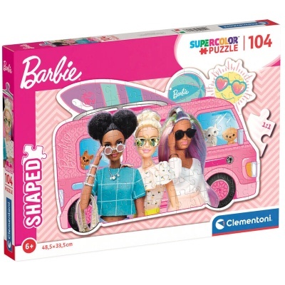 Caixa de quebra-cabeças Barbie Supercolor Puzzle 104 peças com imagem de três bonecas Barbie e carrinha rosa