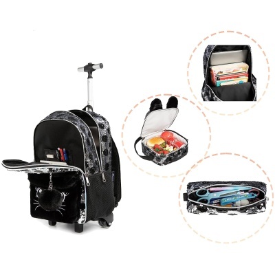 mochila com rodas preta e branca com bolsos e puxador