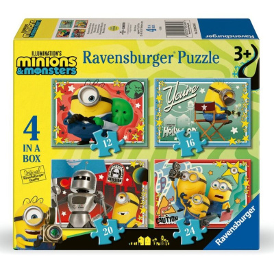 Caixa de puzzles Ravensburger Minions com 4 modelos e várias peças.