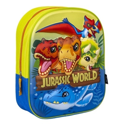 Mochila infantil azul e amarela com dinossauros coloridos e texto Jurassic World.