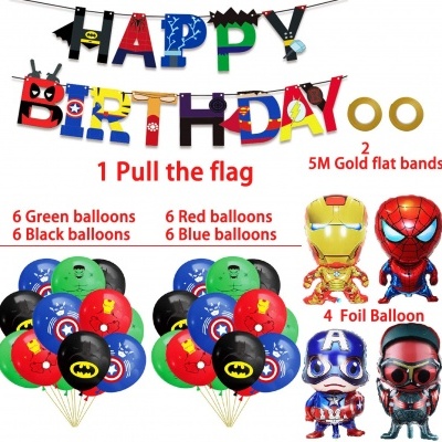 Conjunto de festa de aniversário com bandeirolas coloridas e balões de super-heróis coloridos
