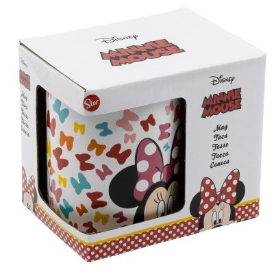 Caneca Disney Minnie Mouse com borboletas coloridas em caixa branca com detalhes vermelhos