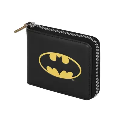 Carteira preta com fecho de correr e símbolo amarelo do Batman