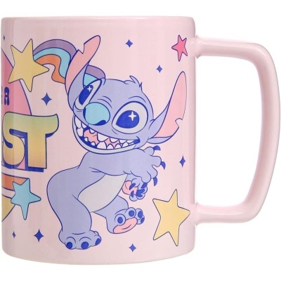 Caneca rosa claro com personagem Stitch e estrelas coloridas