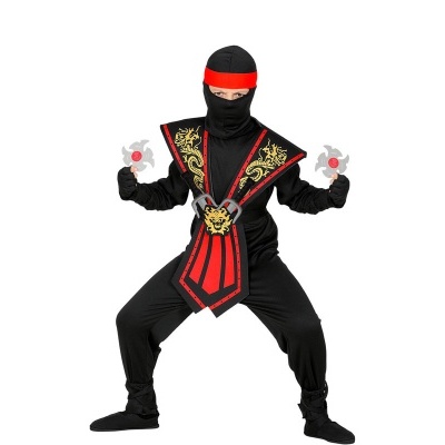 Fato de ninja para criança preto com detalhes vermelhos e dourados, posicionado em fundo branco