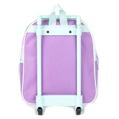 Mala de carrinho lilás com rodas e estrutura branca