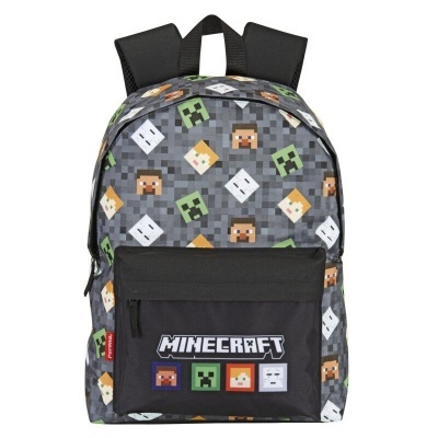 Mochila infantil Minecraft cinza com personagens pixelizados e bolso preto com texto MINECRAFT.