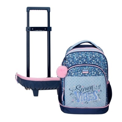 Mochila azul com carrinho de rodinhas e padrão floral com texto Spring VIBES