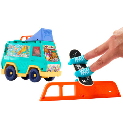 Brinquedo dedo skate azul e carrinha verde e amarelo para crianças.