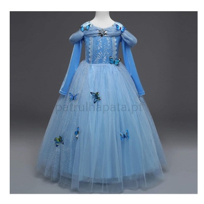 Vestido azul infantil longo com borboletas e tule