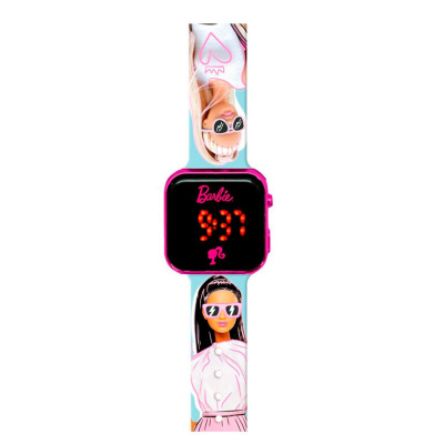 Relógio digital infantil Barbie com bracelete decorada e mostrador digital rosa.