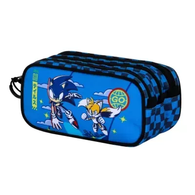 Estojo escolar azul com estampa de Sonic e Tails e padrão xadrez nas laterais
