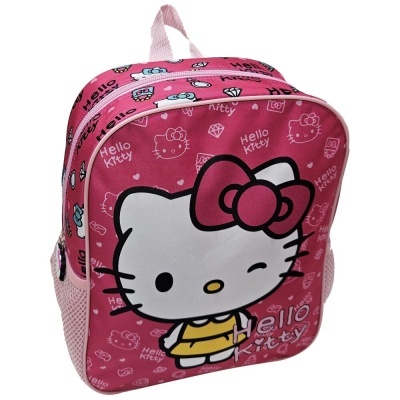 Mochila infantil rosa com estampa da Hello Kitty e texto Hello Kitty
