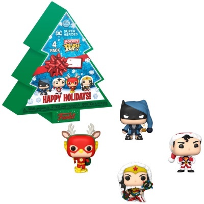 Pack quatro figuras Pop! Pocket DC Super Heroes em embalagem árvore de Natal com laço e texto 'HAPPY HOLIDAYS!'