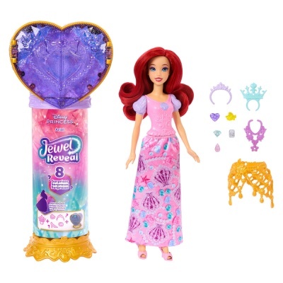 Boneca Ariel Disney Princess com acessórios e embalagem em forma de coração roxo.