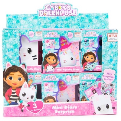 Gabby's Dollhouse Mini Diary Surprise com três mini cadernos coloridos e personagens animados
