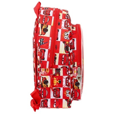 Mochila vermelha com padrão de carros de corrida e zíperes vermelhos