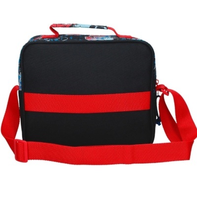 Mala de mão preta com alça vermelha e padrão colorido