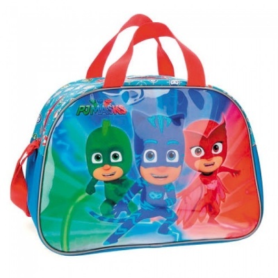 Bolsa infantil com personagens PJ Masks em cores verde, azul e vermelho