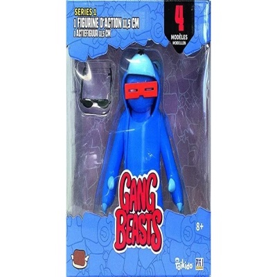 Figura de ação Gang Beasts azul em embalagem roxa com texto em francês e número 4