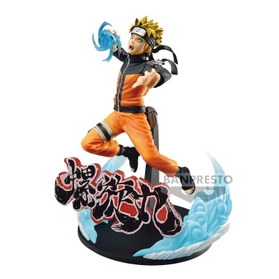 Figura de ação de Naruto Uzumaki em roupa laranja e preta com efeito de água azul numa base preta