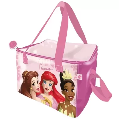 Saco térmico rosa com princesas Disney Bela, Ariel e Tiana