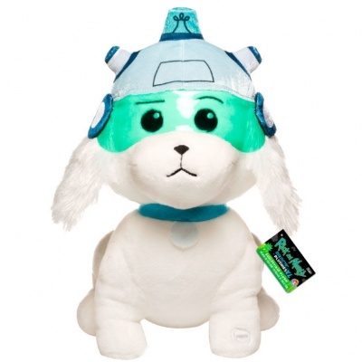 Pelúcia de cão branco com touca azul e etiqueta Rick and Morty