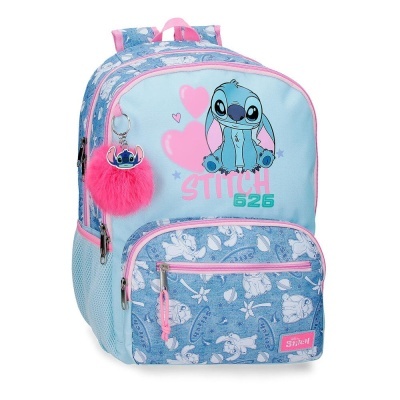 Mochila azul clara e rosa com padrão e imagem do personagem Stitch e chaveiro rosa