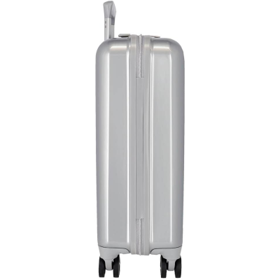 Mala de viagem rígida prateada com rodas pretas e pega extensível, vista de lado
