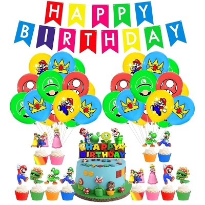 Conjunto de decoração festa aniversário temática Super Mario com balões, bolo e cupcakes coloridos