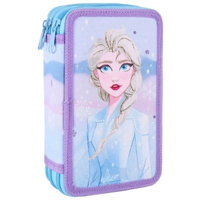 Estojo escolar azul e lilás com imagem da personagem Elsa da Disney