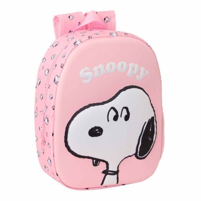 Mochila cor-de-rosa com estampa do Snoopy e a palavra Snoopy na frente