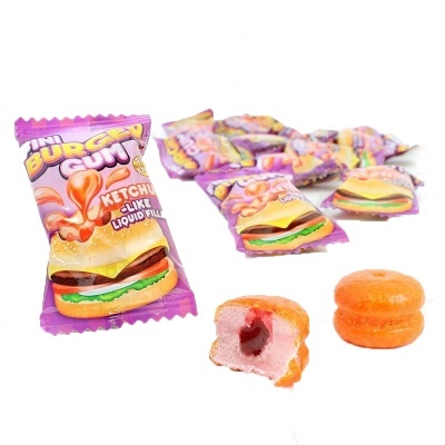 Rebuçados Mini Burger Gum com embalagem roxa e hambúrguer colorido