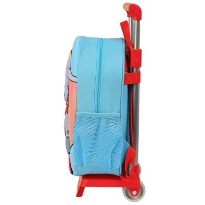 Mala de viagem infantil azul e vermelha vista de lado com roda e pega extensível