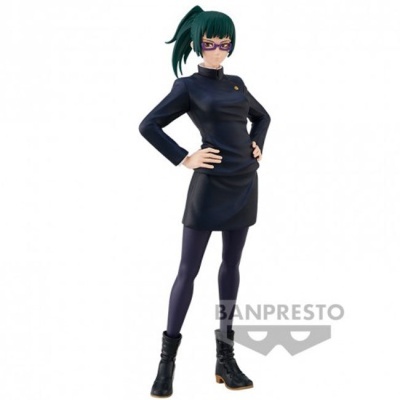 Figura colecionável de personagem feminina com vestido e botas pretas, cabelo verde escuro e óculos roxos