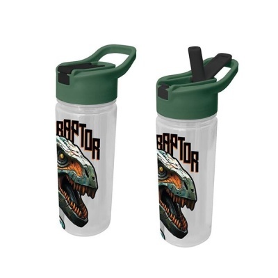 Garrafa de plástico transparente com tampa verde e desenho de dinossauro