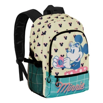 Mochila infantil com estampa da Minnie da Disney em cores creme, preto, rosa e azul