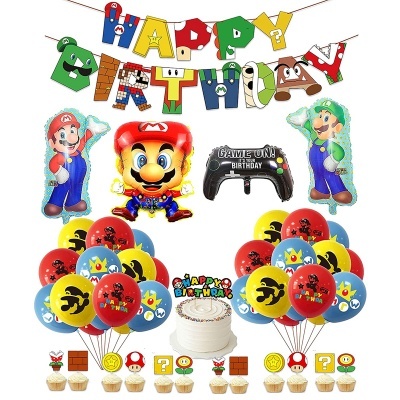 Decoração de aniversário com balões e bolo temáticos de Mario
