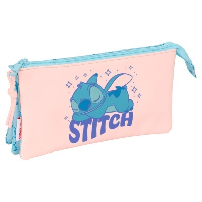 Estojo escolar rosa com estampa do Stitch e fecho azul claro