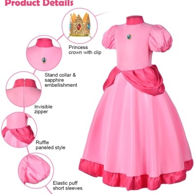 Vestido infantil rosa com detalhes de gola, manga, saia e uma coroa de princesa com clipe