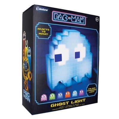 Caixa de luz Pac-Man Ghost Light com fantasma azul pixelado e texto destacado